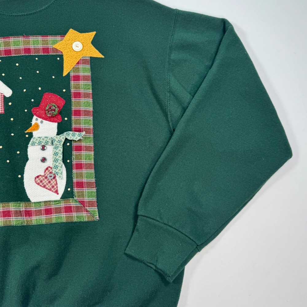 Vintage Fruit of the Loom Snowman Christmas Sweatshirt Green Large Made in USA - Picture 2 of 10